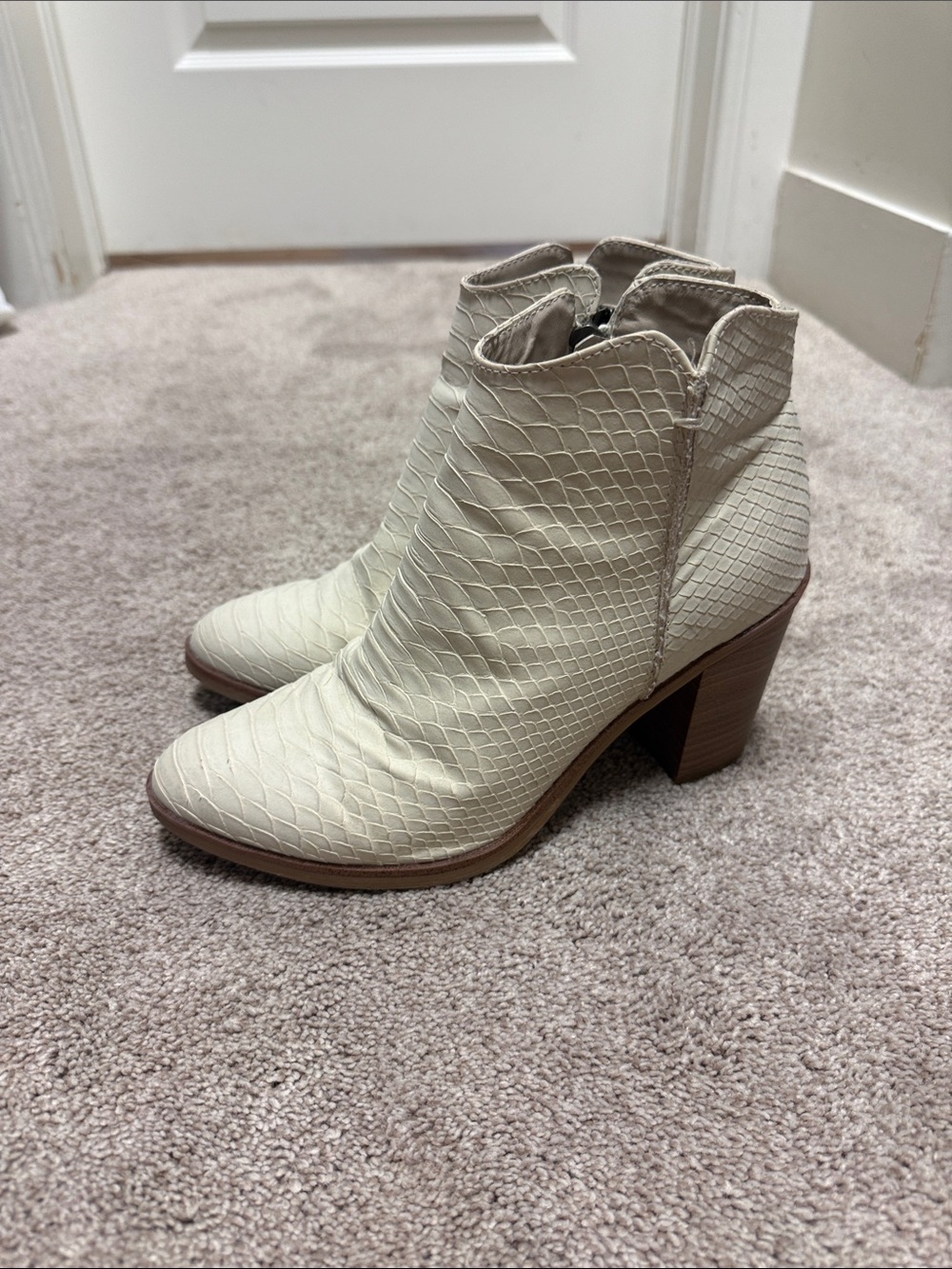 MIA Cream Snakeskin-Textured Block Heel Ankle Boots